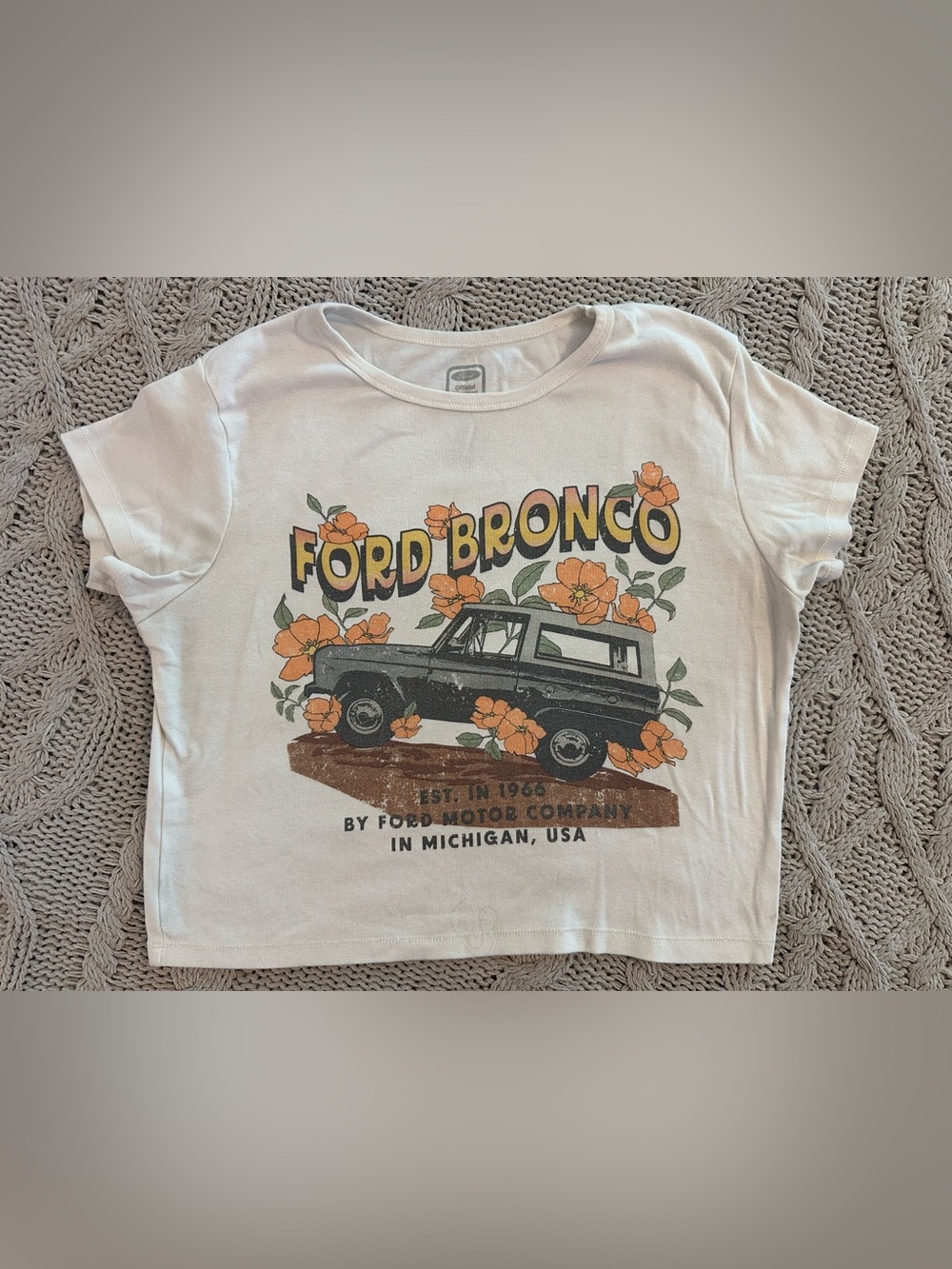 Ford Biege Crop Tee with Black Bronco and Orange Floral Print